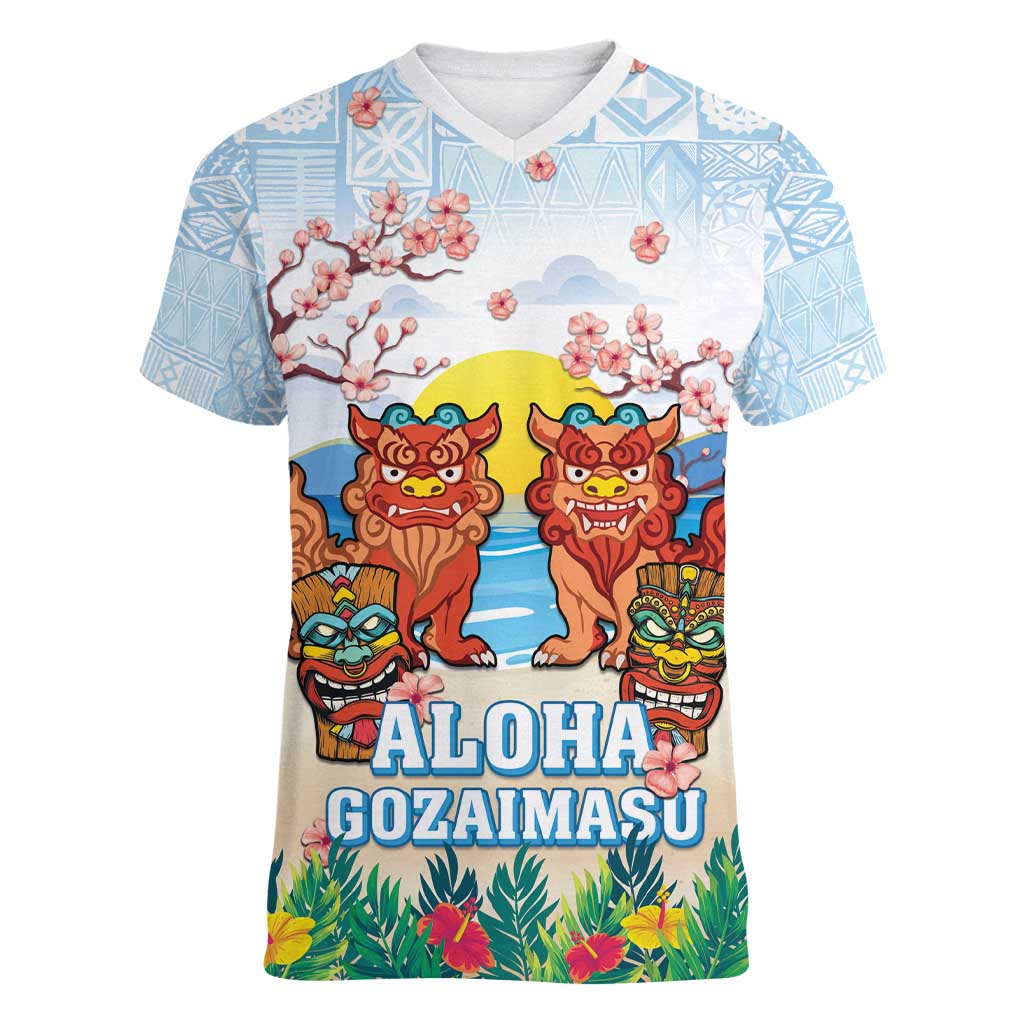 Hawaii And Japan Okinawa Women V-Neck T-Shirt Aloha Gozaimasu Tiki With Shisa