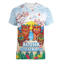 Hawaii And Japan Okinawa Women V-Neck T-Shirt Aloha Gozaimasu Tiki With Shisa