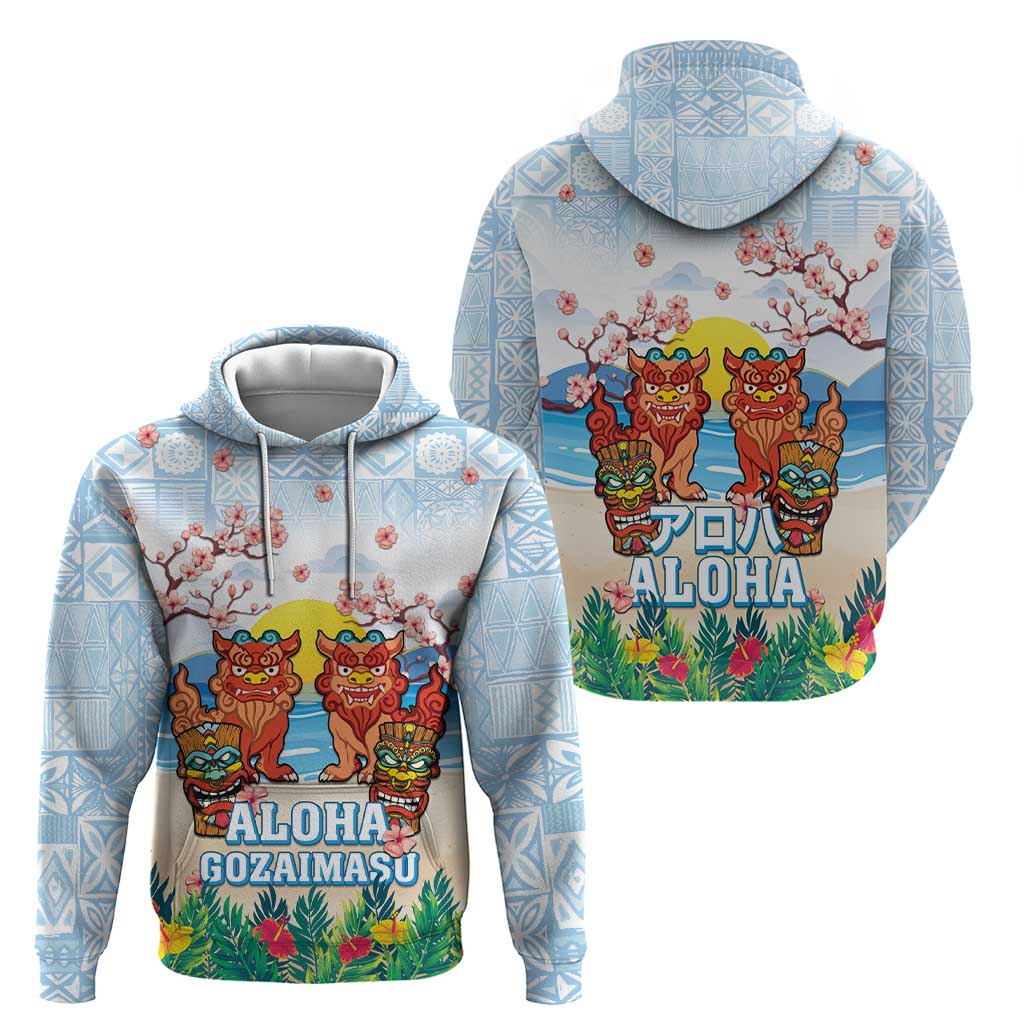 Hawaii And Japan Okinawa Zip Hoodie Aloha Gozaimasu Tiki With Shisa