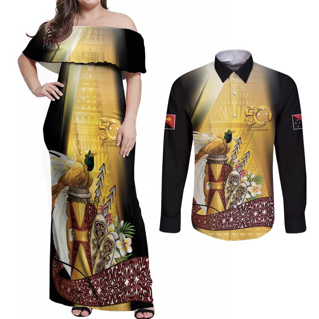 Papua New Guinea Couples Matching Off Shoulder Maxi Dress and Long Sleeve Button Shirt 50 Years Of Independence LT05 Gold - Polynesian Pride