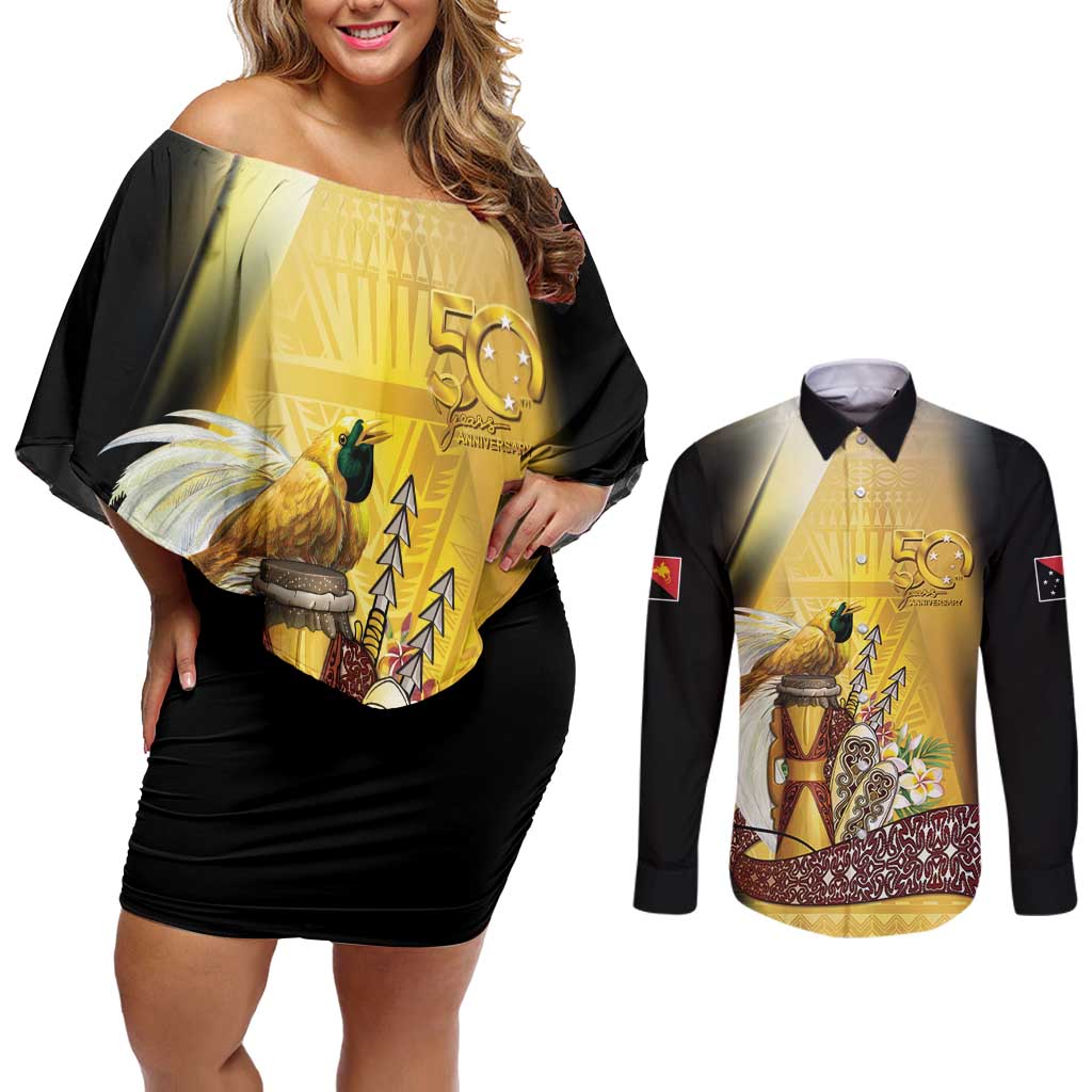 Papua New Guinea Couples Matching Off Shoulder Short Dress and Long Sleeve Button Shirt 50 Years Of Independence LT05 Gold - Polynesian Pride