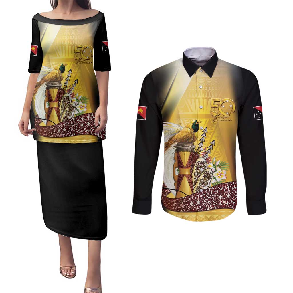 Papua New Guinea Couples Matching Puletasi and Long Sleeve Button Shirt 50 Years Of Independence LT05 Gold - Polynesian Pride
