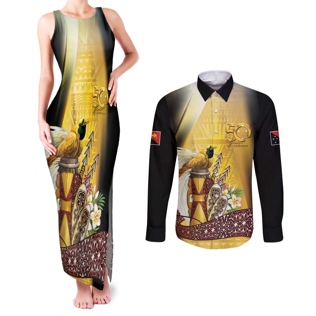 Papua New Guinea Couples Matching Tank Maxi Dress and Long Sleeve Button Shirt 50 Years Of Independence LT05 Gold - Polynesian Pride