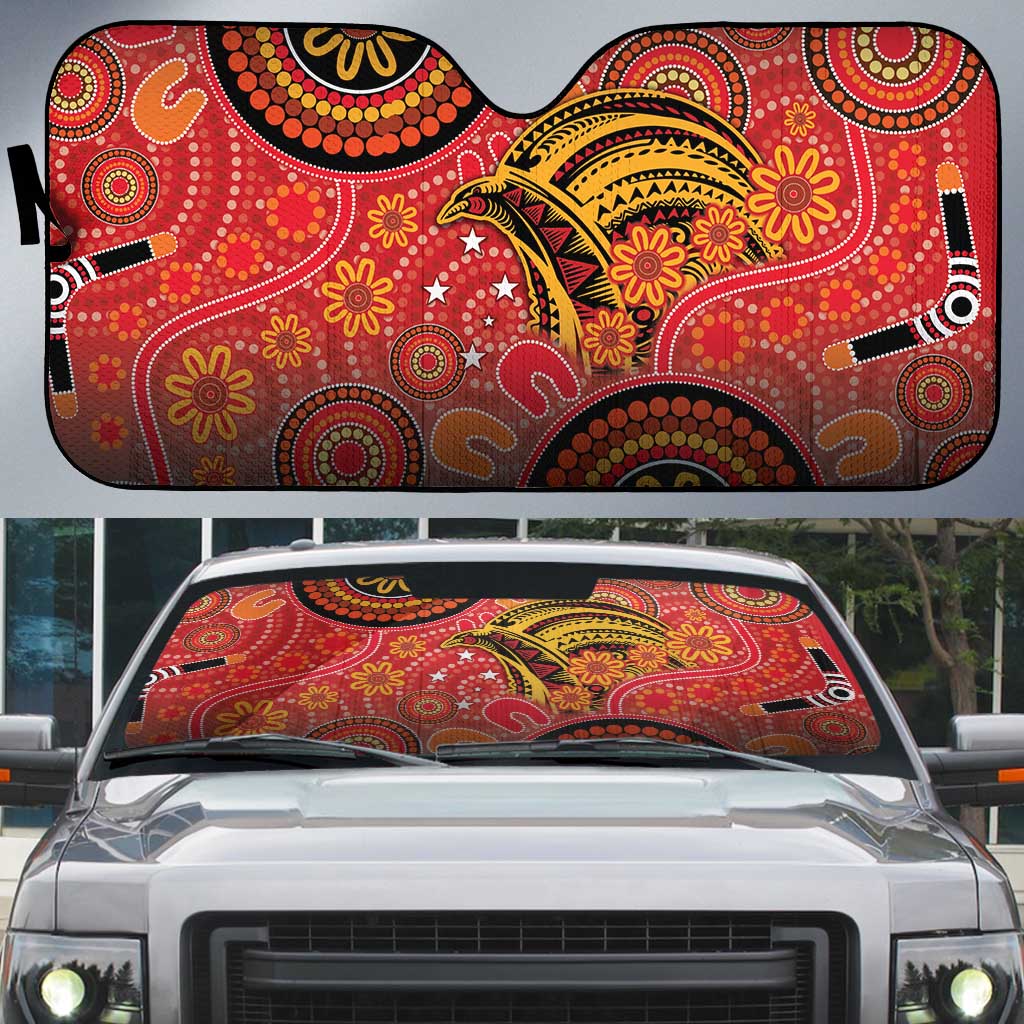 Papua New Guinea Auto Sun Shade Birds Of Paradise With Aboriginal Pattern - Polynesian Pride