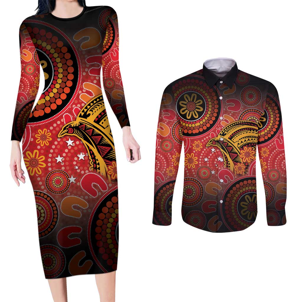 Papua New Guinea Couples Matching Long Sleeve Bodycon Dress and Long Sleeve Button Shirt Birds Of Paradise With Aboriginal Pattern LT05 Red - Polynesian Pride