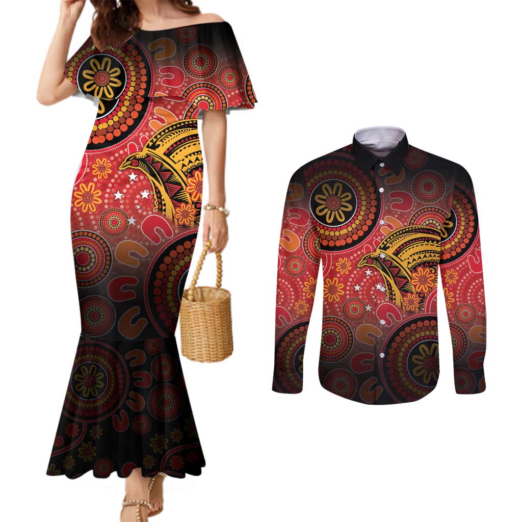 Papua New Guinea Couples Matching Mermaid Dress and Long Sleeve Button Shirt Birds Of Paradise With Aboriginal Pattern LT05 Red - Polynesian Pride