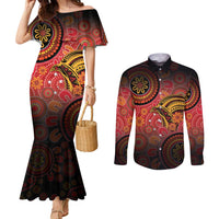 Papua New Guinea Couples Matching Mermaid Dress and Long Sleeve Button Shirt Birds Of Paradise With Aboriginal Pattern LT05 Red - Polynesian Pride