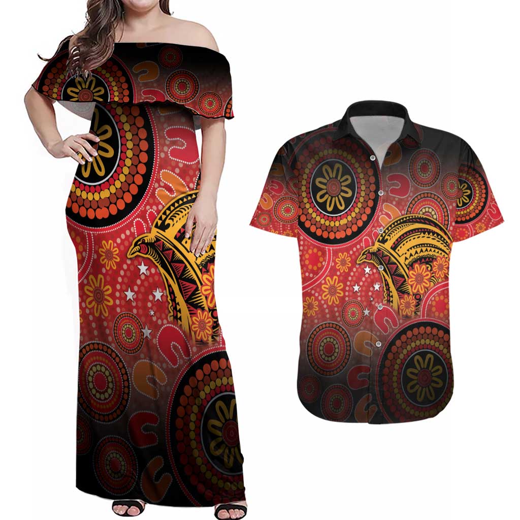 Papua New Guinea Couples Matching Off Shoulder Maxi Dress and Hawaiian Shirt Birds Of Paradise With Aboriginal Pattern - Polynesian Pride