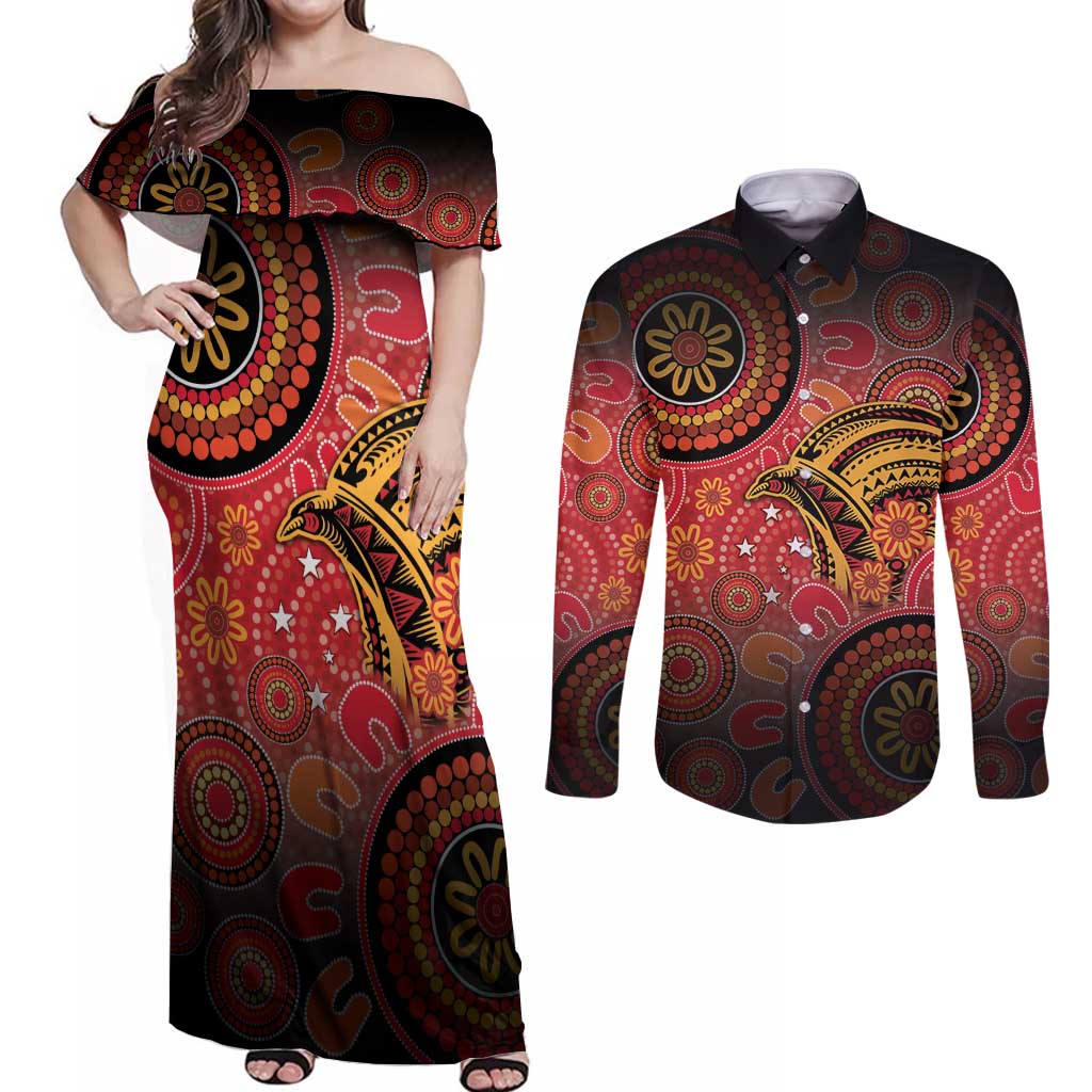 Papua New Guinea Couples Matching Off Shoulder Maxi Dress and Long Sleeve Button Shirt Birds Of Paradise With Aboriginal Pattern LT05 Red - Polynesian Pride