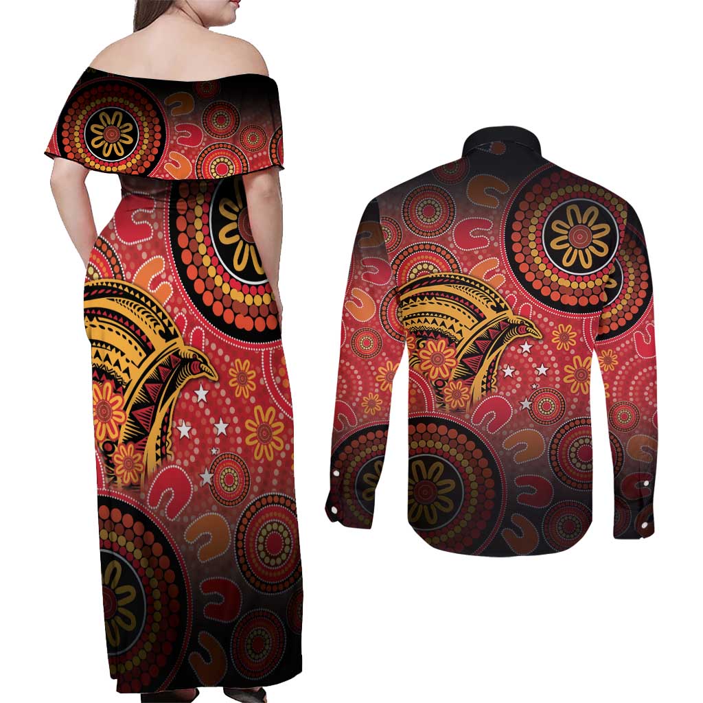 Papua New Guinea Couples Matching Off Shoulder Maxi Dress and Long Sleeve Button Shirt Birds Of Paradise With Aboriginal Pattern LT05 - Polynesian Pride