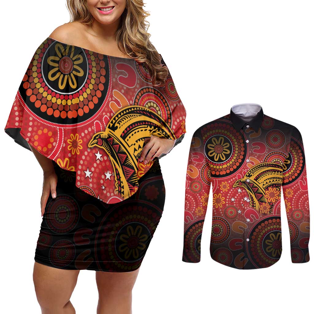 Papua New Guinea Couples Matching Off Shoulder Short Dress and Long Sleeve Button Shirt Birds Of Paradise With Aboriginal Pattern LT05 Red - Polynesian Pride