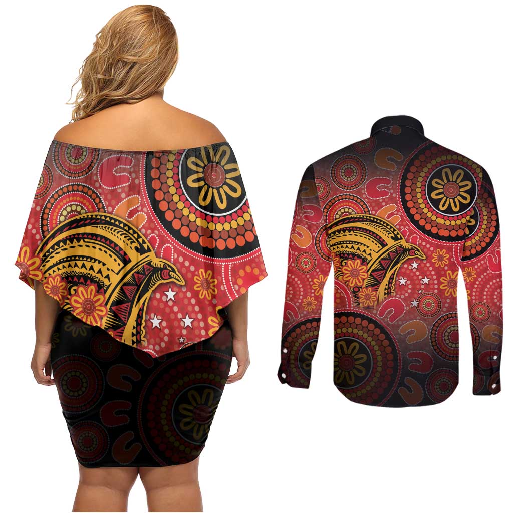 Papua New Guinea Couples Matching Off Shoulder Short Dress and Long Sleeve Button Shirt Birds Of Paradise With Aboriginal Pattern LT05 - Polynesian Pride