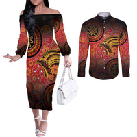 Papua New Guinea Couples Matching Off The Shoulder Long Sleeve Dress and Long Sleeve Button Shirt Birds Of Paradise With Aboriginal Pattern LT05 Red - Polynesian Pride