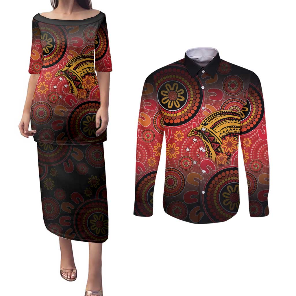Papua New Guinea Couples Matching Puletasi and Long Sleeve Button Shirt Birds Of Paradise With Aboriginal Pattern LT05 Red - Polynesian Pride
