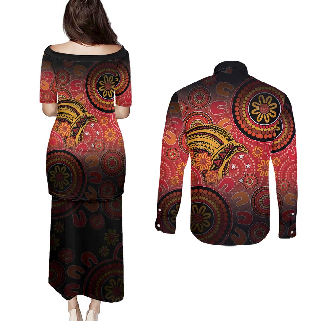Papua New Guinea Couples Matching Puletasi and Long Sleeve Button Shirt Birds Of Paradise With Aboriginal Pattern LT05 - Polynesian Pride