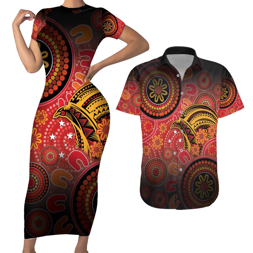 Papua New Guinea Couples Matching Short Sleeve Bodycon Dress and Hawaiian Shirt Birds Of Paradise With Aboriginal Pattern - Polynesian Pride