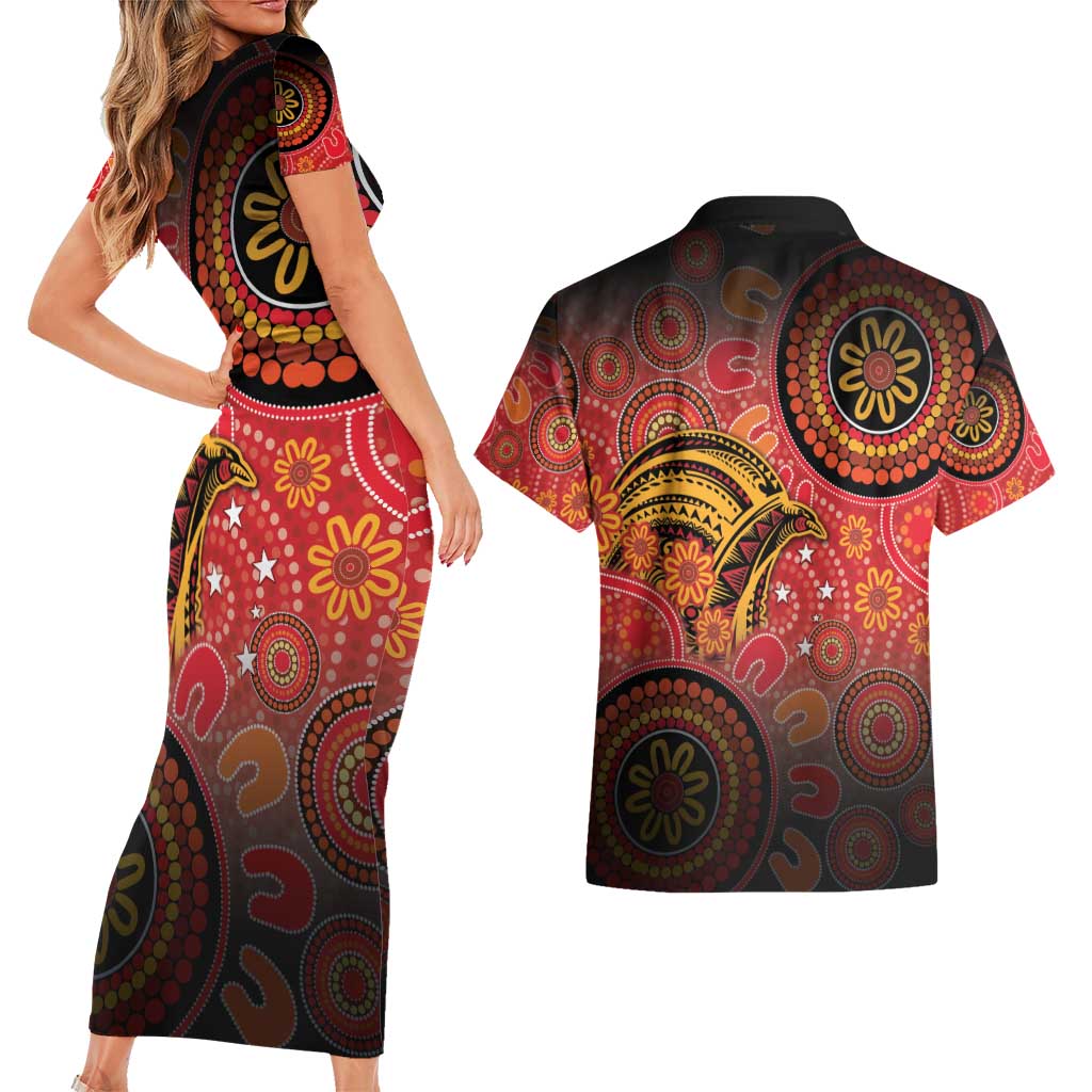 Papua New Guinea Couples Matching Short Sleeve Bodycon Dress and Hawaiian Shirt Birds Of Paradise With Aboriginal Pattern - Polynesian Pride