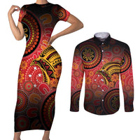 Papua New Guinea Couples Matching Short Sleeve Bodycon Dress and Long Sleeve Button Shirt Birds Of Paradise With Aboriginal Pattern LT05 Red - Polynesian Pride