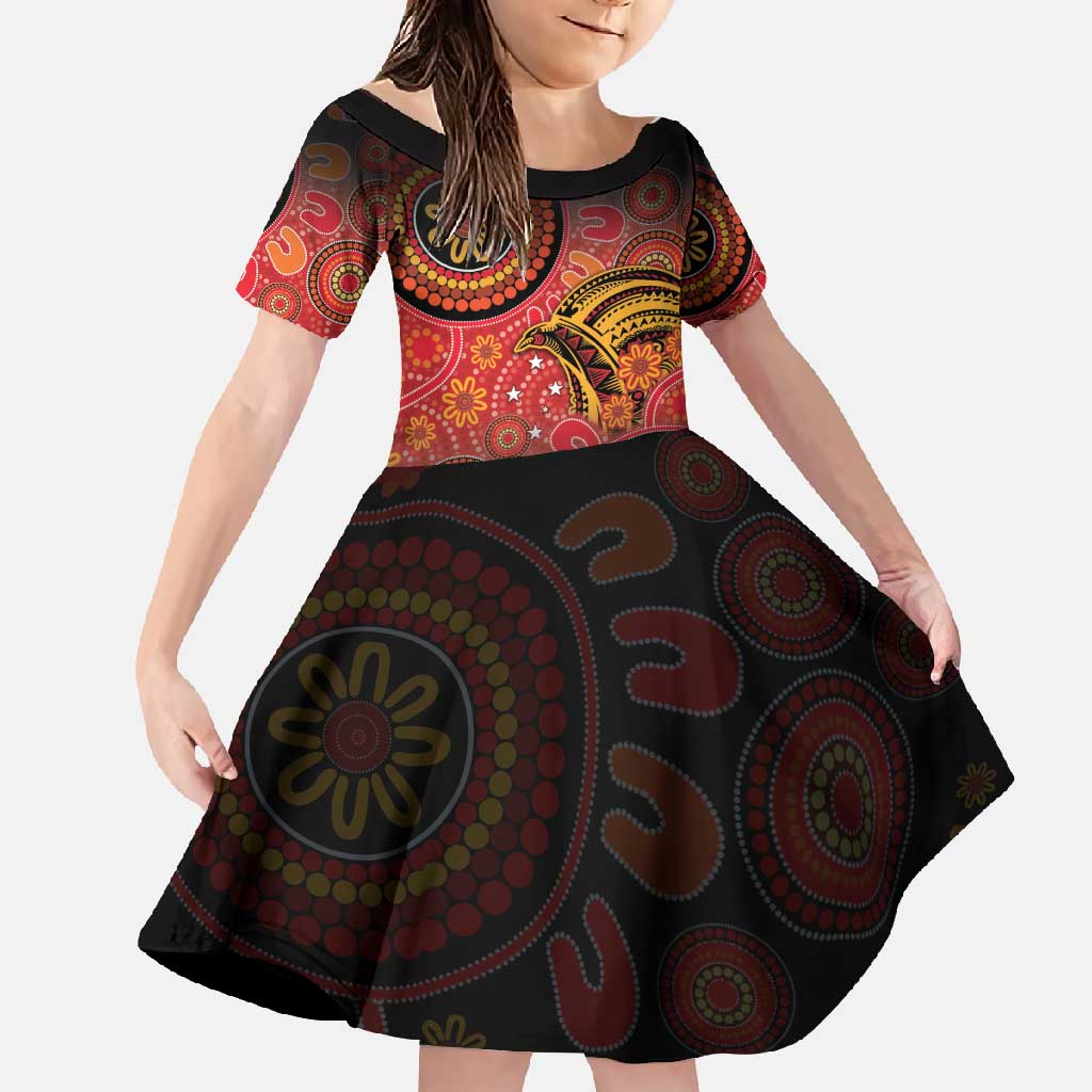 Papua New Guinea Family Matching Long Sleeve Bodycon Dress and Hawaiian Shirt Birds Of Paradise With Aboriginal Pattern LT05 Daughter's Dress Red - Polynesian Pride