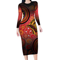 Papua New Guinea Family Matching Long Sleeve Bodycon Dress and Hawaiian Shirt Birds Of Paradise With Aboriginal Pattern LT05 Mom's Dress Red - Polynesian Pride