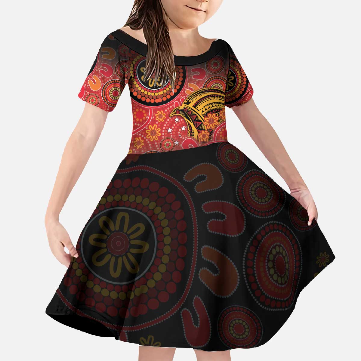 Papua New Guinea Family Matching Off The Shoulder Long Sleeve Dress and Hawaiian Shirt Birds Of Paradise With Aboriginal Pattern LT05 Daughter's Dress Red - Polynesian Pride