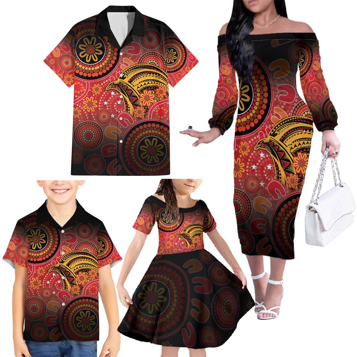 Papua New Guinea Family Matching Off The Shoulder Long Sleeve Dress and Hawaiian Shirt Birds Of Paradise With Aboriginal Pattern LT05 - Polynesian Pride