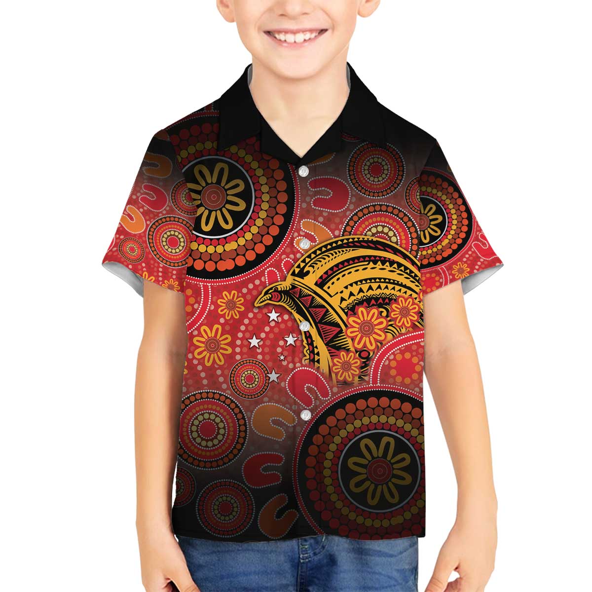 Papua New Guinea Family Matching Off The Shoulder Long Sleeve Dress and Hawaiian Shirt Birds Of Paradise With Aboriginal Pattern LT05 Son's Shirt Red - Polynesian Pride