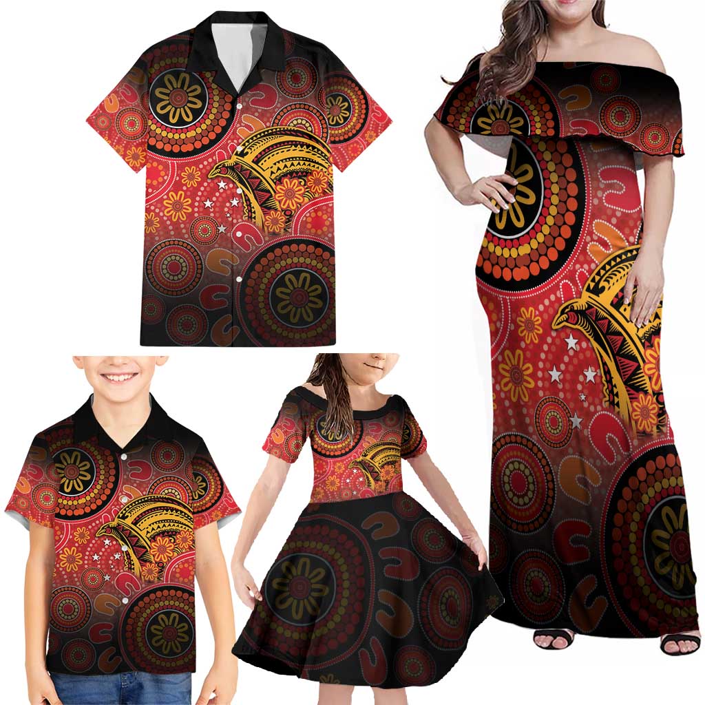Papua New Guinea Family Matching Off Shoulder Maxi Dress and Hawaiian Shirt Birds Of Paradise With Aboriginal Pattern LT05 - Polynesian Pride