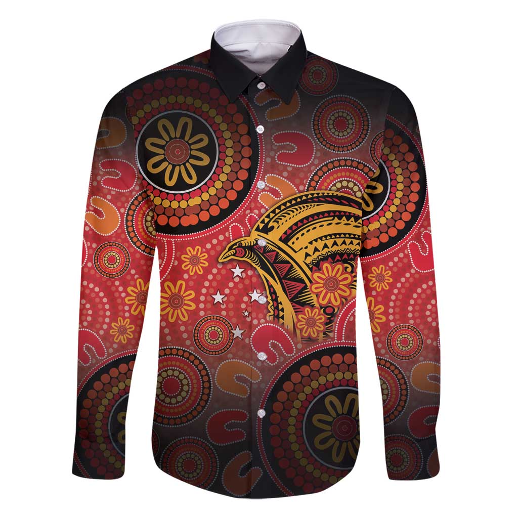 Papua New Guinea Family Matching Off Shoulder Maxi Dress and Hawaiian Shirt Birds Of Paradise With Aboriginal Pattern LT05 Dad's Shirt - Long Sleeve Red - Polynesian Pride