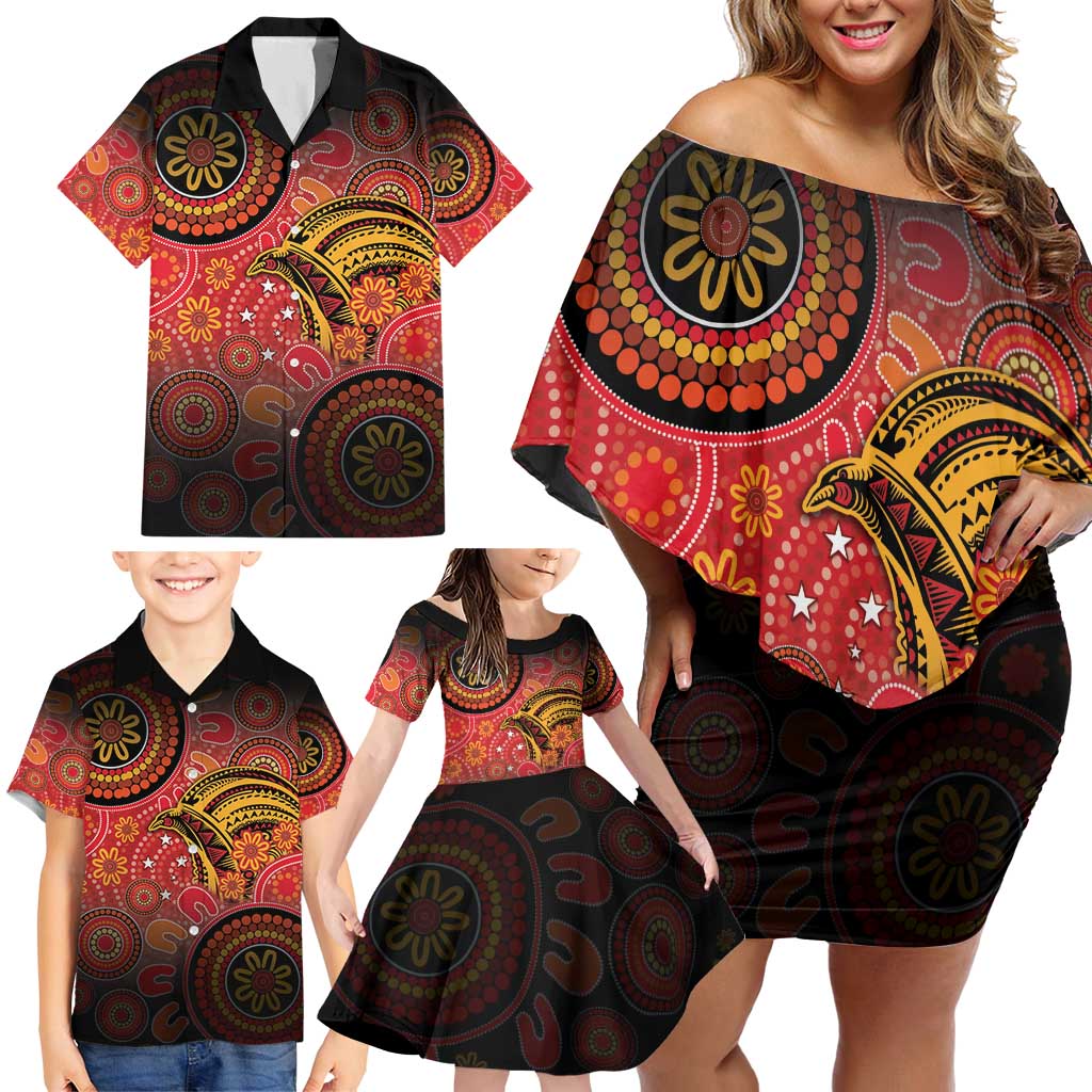 Papua New Guinea Family Matching Off Shoulder Short Dress and Hawaiian Shirt Birds Of Paradise With Aboriginal Pattern LT05 - Polynesian Pride