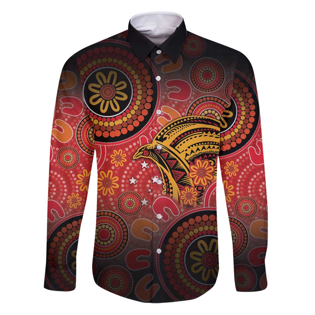 Papua New Guinea Family Matching Puletasi and Hawaiian Shirt Birds Of Paradise With Aboriginal Pattern LT05 Dad's Shirt - Long Sleeve Red - Polynesian Pride