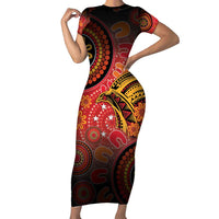 Papua New Guinea Family Matching Short Sleeve Bodycon Dress and Hawaiian Shirt Birds Of Paradise With Aboriginal Pattern LT05 Mom's Dress Red - Polynesian Pride