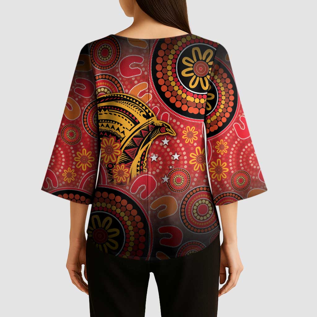 Papua New Guinea Kimono Sleeve Blouse Birds Of Paradise With Aboriginal Pattern - Polynesian Pride