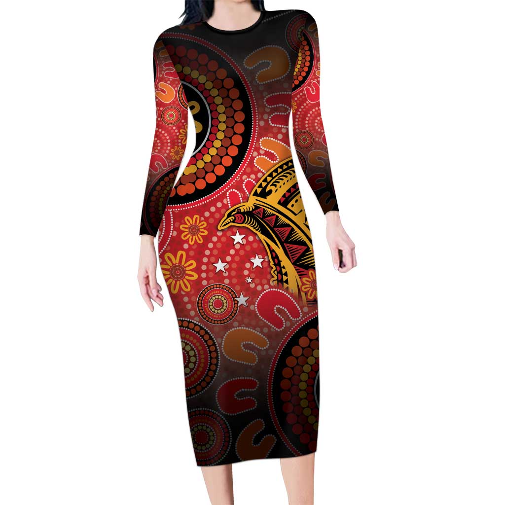 Papua New Guinea Long Sleeve Bodycon Dress Birds Of Paradise With Aboriginal Pattern - Polynesian Pride