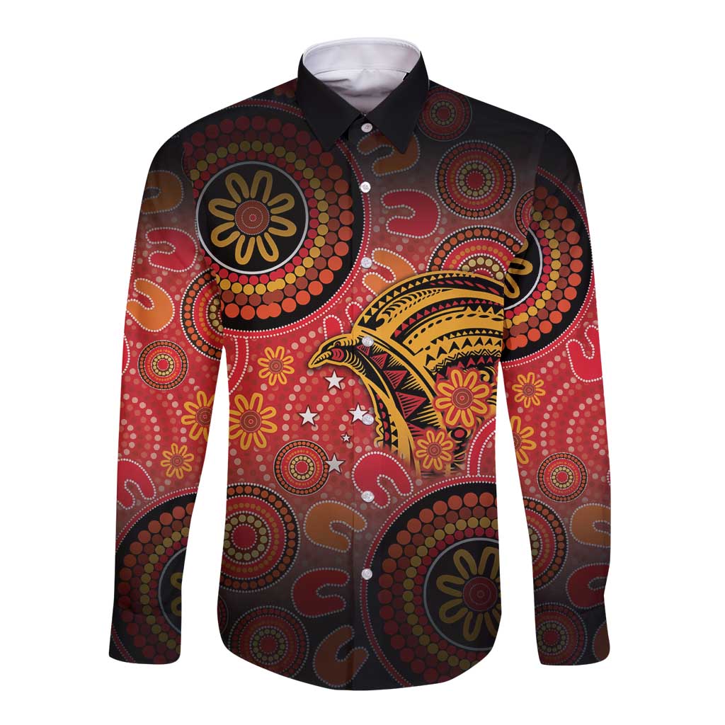 Papua New Guinea Long Sleeve Button Shirt Birds Of Paradise With Aboriginal Pattern LT05 Unisex Red - Polynesian Pride