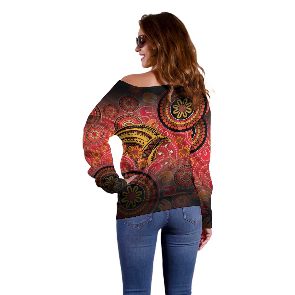Papua New Guinea Off Shoulder Sweater Birds Of Paradise With Aboriginal Pattern - Polynesian Pride