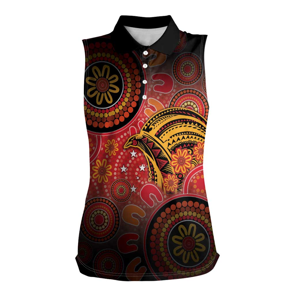 Papua New Guinea Women Sleeveless Polo Shirt Birds Of Paradise With Aboriginal Pattern LT05 Female Red - Polynesian Pride