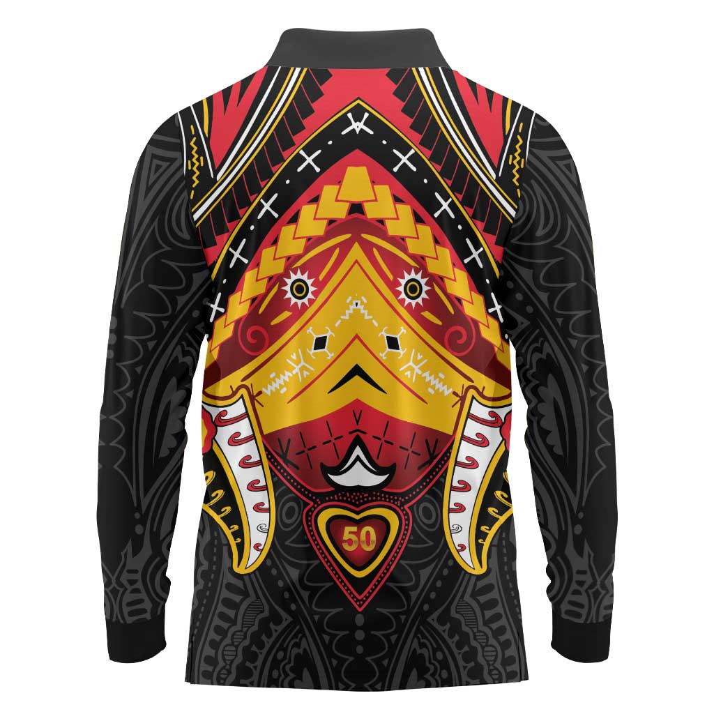 Papua New Guinea Independence Day Long Sleeve Polo Shirt Tribal Mask LT05 - Polynesian Pride