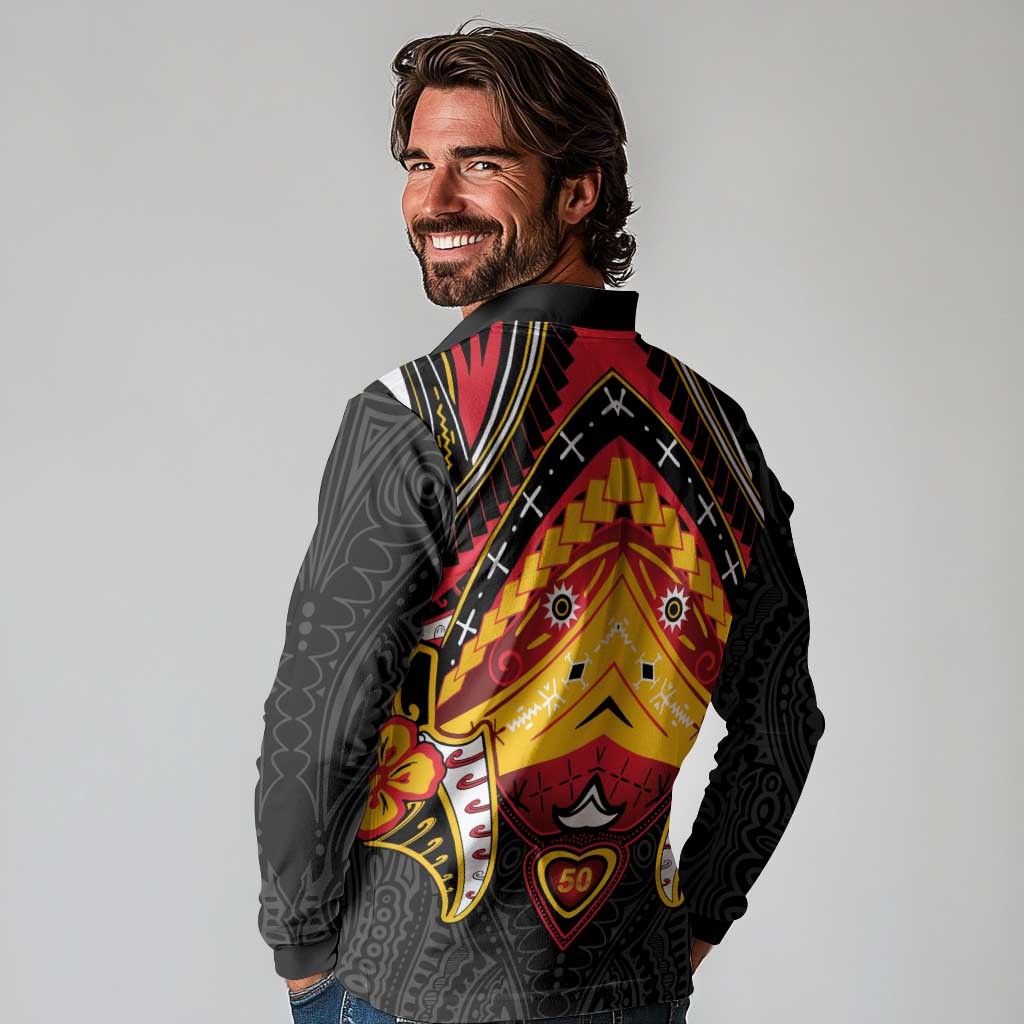 Papua New Guinea Independence Day Long Sleeve Polo Shirt Tribal Mask LT05 - Polynesian Pride