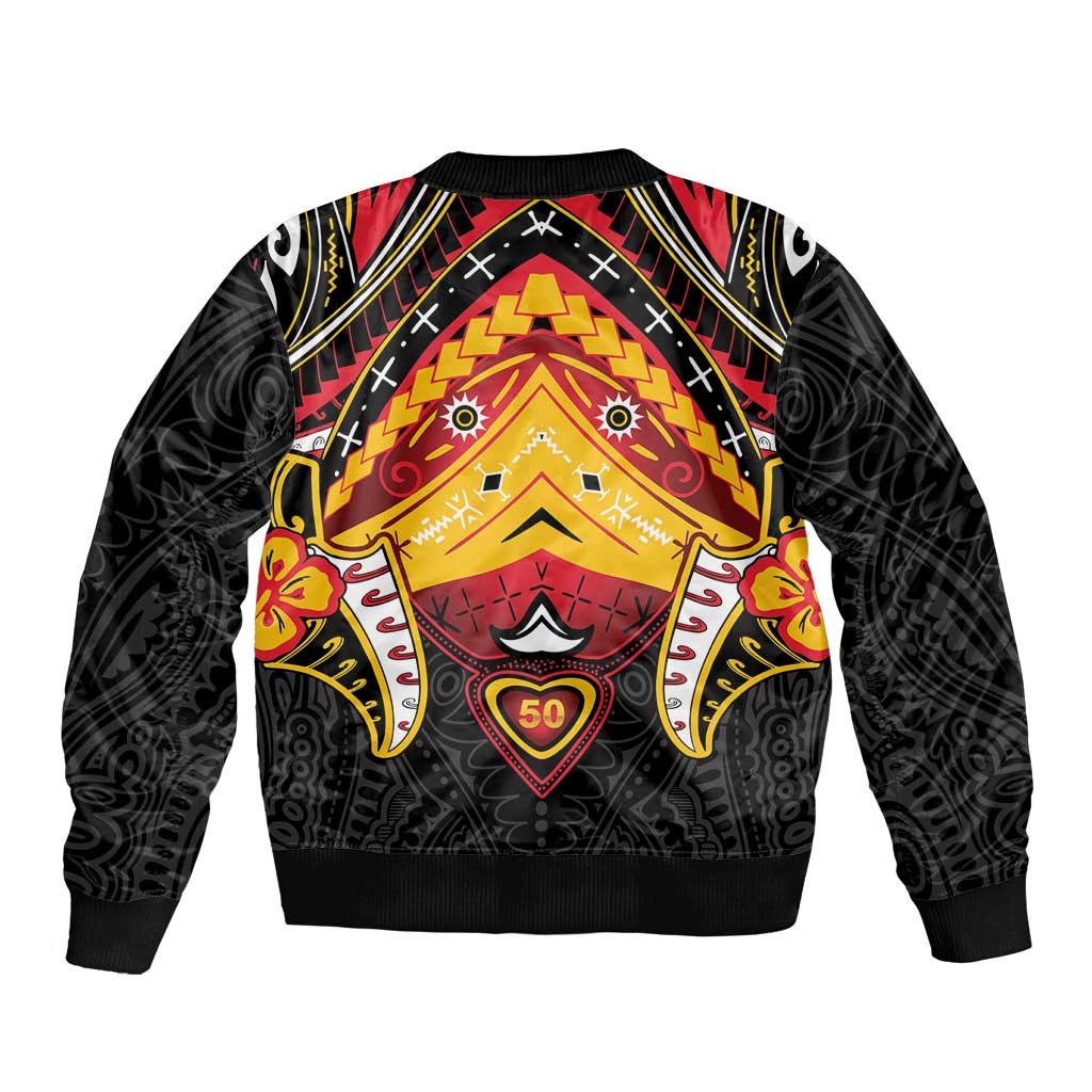 Papua New Guinea Independence Day Sleeve Zip Bomber Jacket Tribal Mask - Polynesian Pride