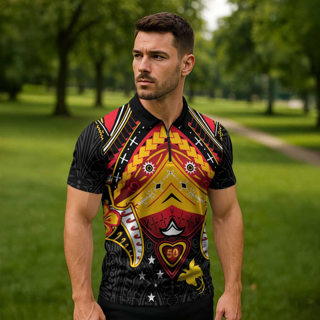 Papua New Guinea Independence Day Zipper Polo Shirt Tribal Mask - Polynesian Pride