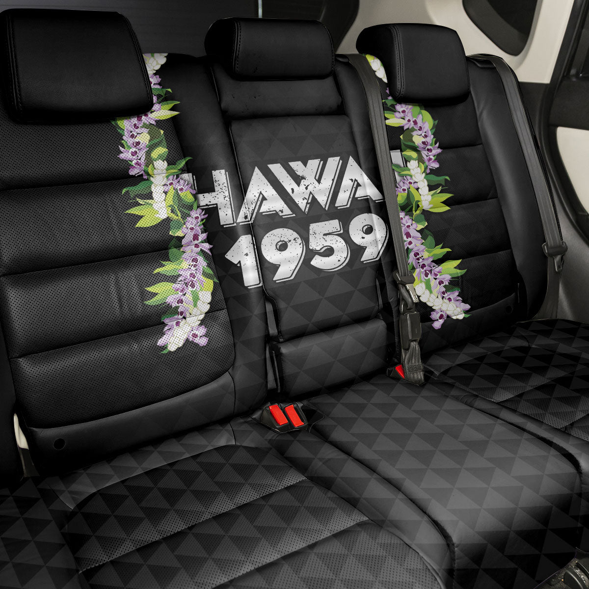 Hawaii Statehood Day Back Car Seat Cover Kakau Pattern With Maile Pikake Honohono Lei