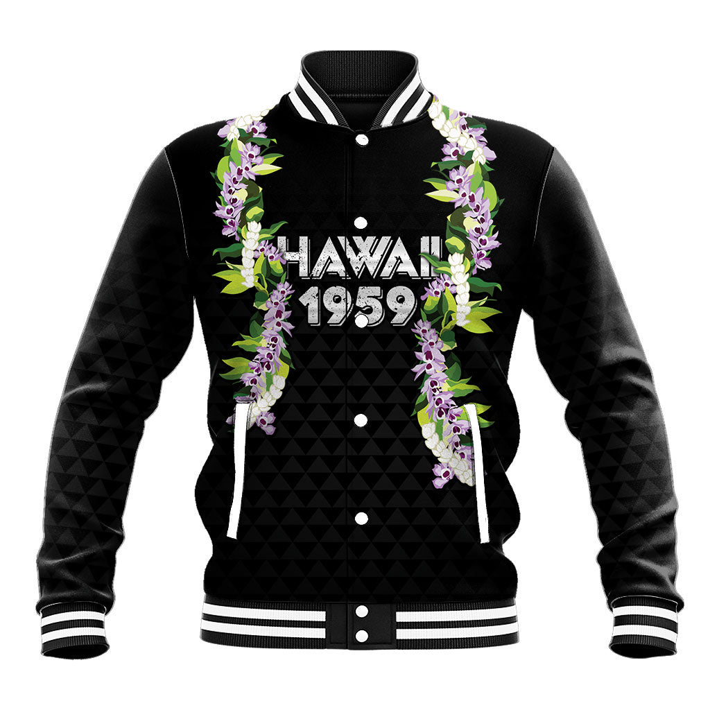 Hawaii Statehood Day Baseball Jacket Kakau Pattern With Maile Pikake Honohono Lei