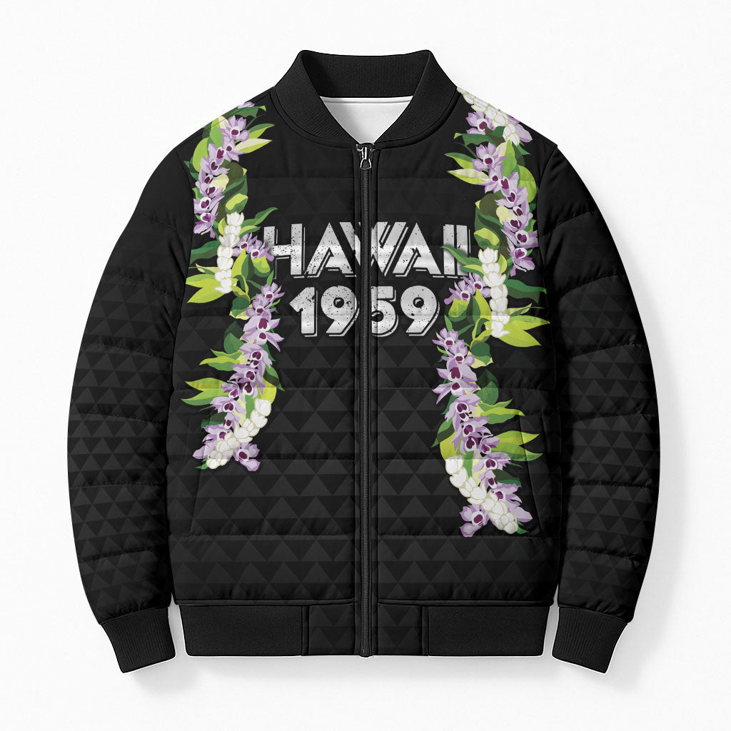 Hawaii Statehood Day Bomber Puffer Jacket Kakau Pattern With Maile Pikake Honohono Lei LT05 Unisex Black - Polynesian Pride