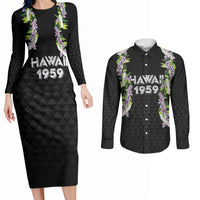 Hawaii Statehood Day Couples Matching Long Sleeve Bodycon Dress and Long Sleeve Button Shirt Kakau Pattern With Maile Pikake Honohono Lei LT05 Black - Polynesian Pride