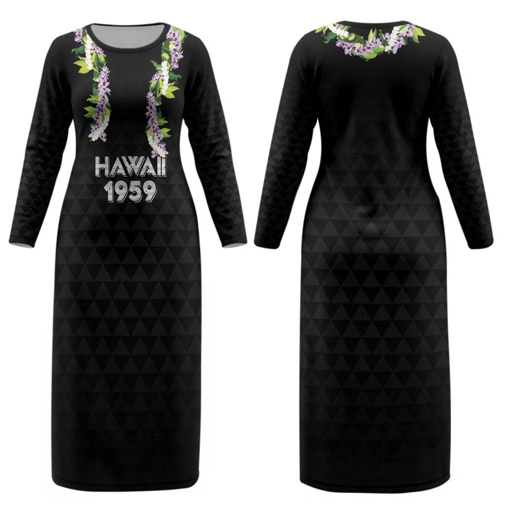 Hawaii Statehood Day Couples Matching Long Sleeve Bodycon Dress and Long Sleeve Button Shirt Kakau Pattern With Maile Pikake Honohono Lei LT05 - Polynesian Pride