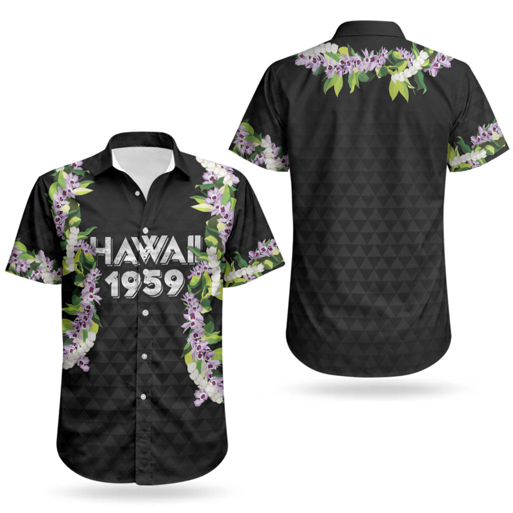 Hawaii Statehood Day Couples Matching Off Shoulder Maxi Dress and Hawaiian Shirt Kakau Pattern With Maile Pikake Honohono Lei