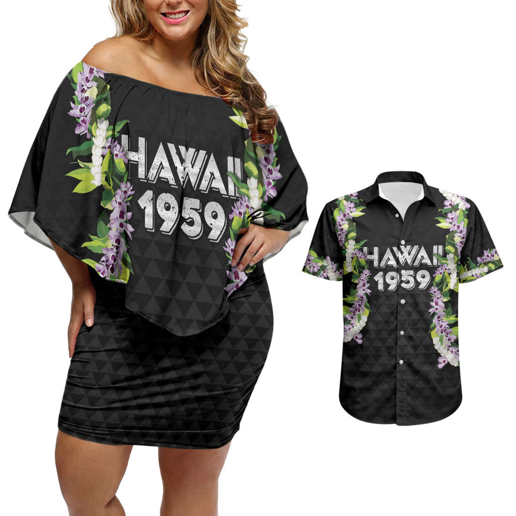 Hawaii Statehood Day Couples Matching Off Shoulder Short Dress and Hawaiian Shirt Kakau Pattern With Maile Pikake Honohono Lei LT05 Black - Polynesian Pride