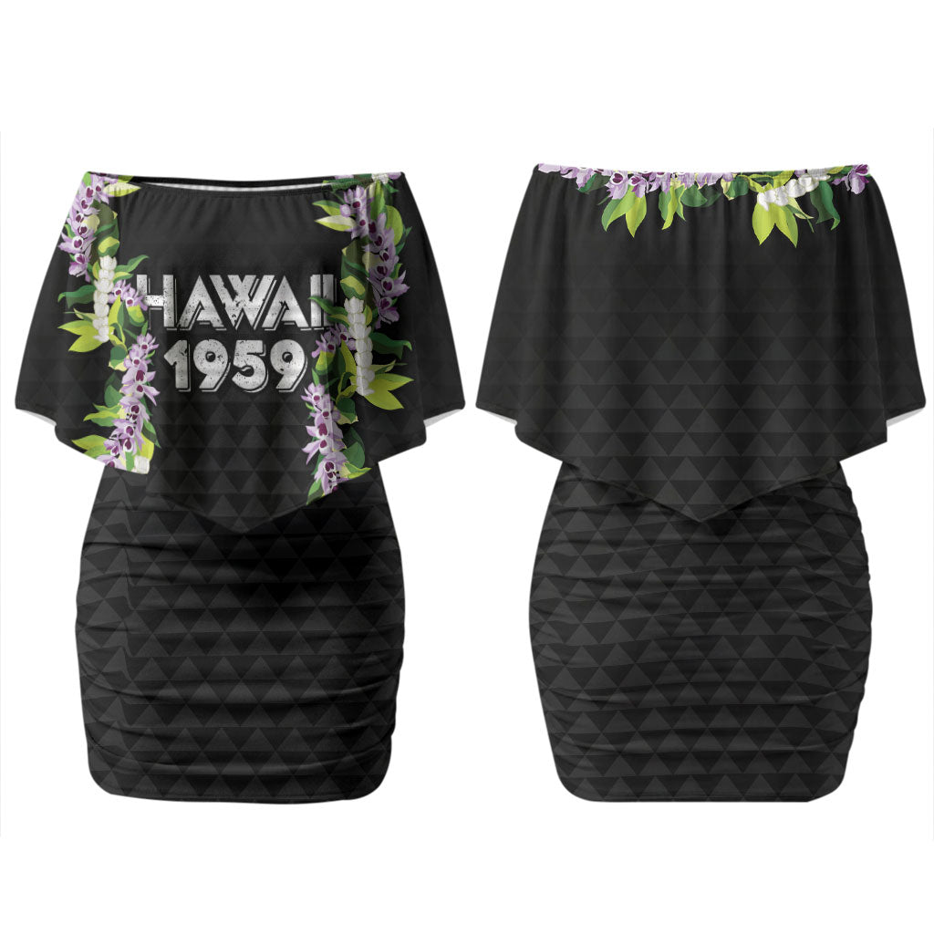Hawaii Statehood Day Couples Matching Off Shoulder Short Dress and Hawaiian Shirt Kakau Pattern With Maile Pikake Honohono Lei LT05 - Polynesian Pride