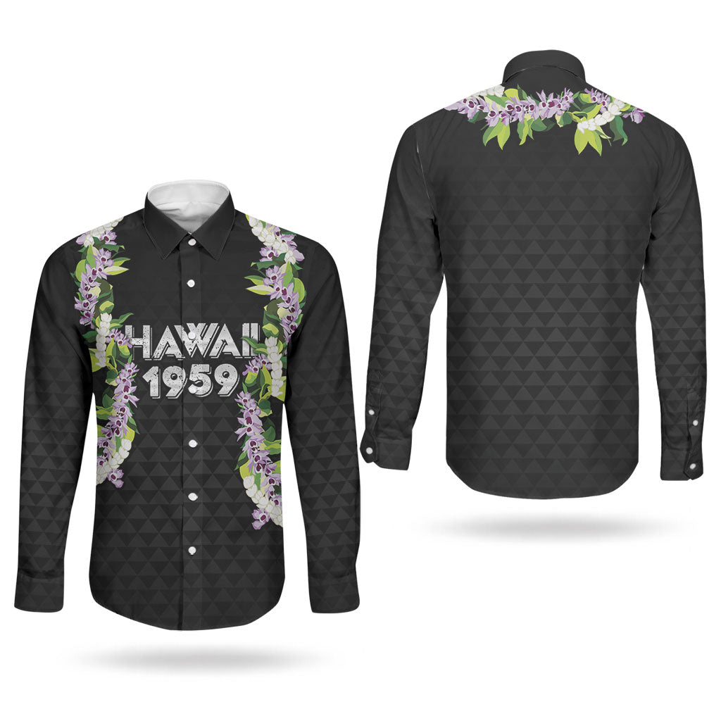 Hawaii Statehood Day Couples Matching Off Shoulder Short Dress and Long Sleeve Button Shirt Kakau Pattern With Maile Pikake Honohono Lei